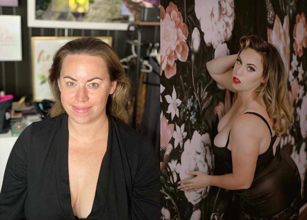 Before and after glam makeup transformation before client's pinup boudoir photoshoot